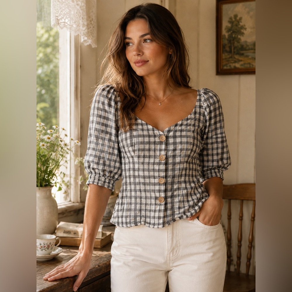 Primark Gingham Puff Sleeve Blouse Size 6 Milkmaid Cottagecore